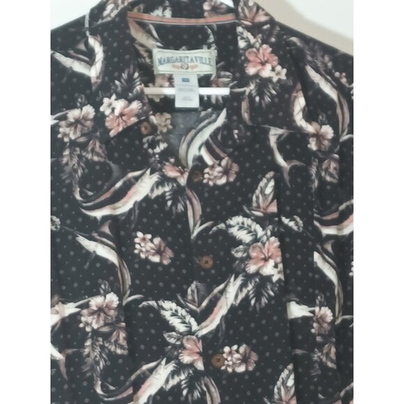 Margaritaville Shirt Men's Large Hawaiian Floral Marlins Button Up Beach Black - Picture 6 of 6
